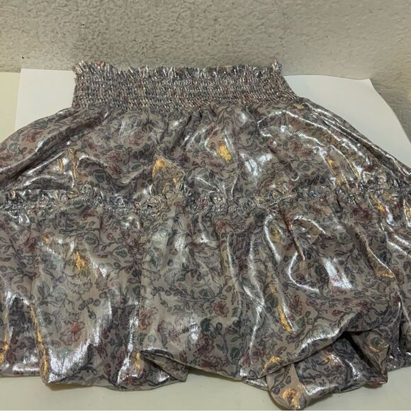 FREE PEOPLE Metallic Shiny Silver & Lavender Combo Floral Bubble Mini Skirt - Picture 3 of 12